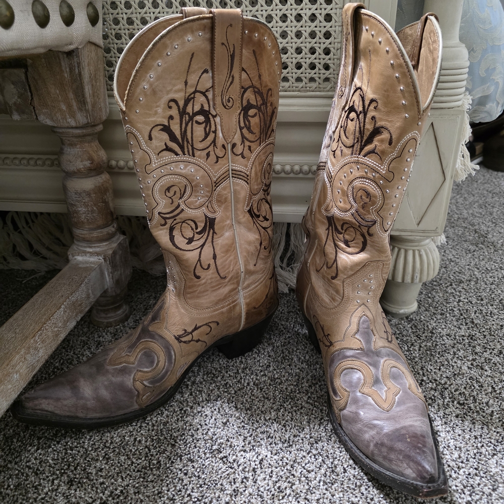 VTG WOMENS STERLING SILVER SNIP TOE INLAY COWBOY BEIGE/BROWN BOOTS SIZE 9.5